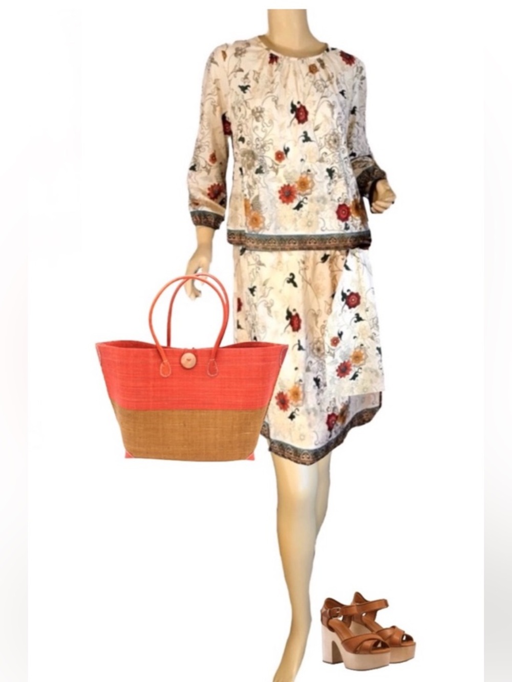VINTAGE 1980'S UNION MADE CREAM, ORANGE & TEAL FLORAL PRINT POP OVER DRESS (M)